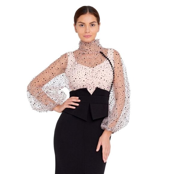 NWT RENGIN Long Sleeve Maxi Crepe Mermaid Regular Black-Pink Evening Dress Size - Picture 3 of 10